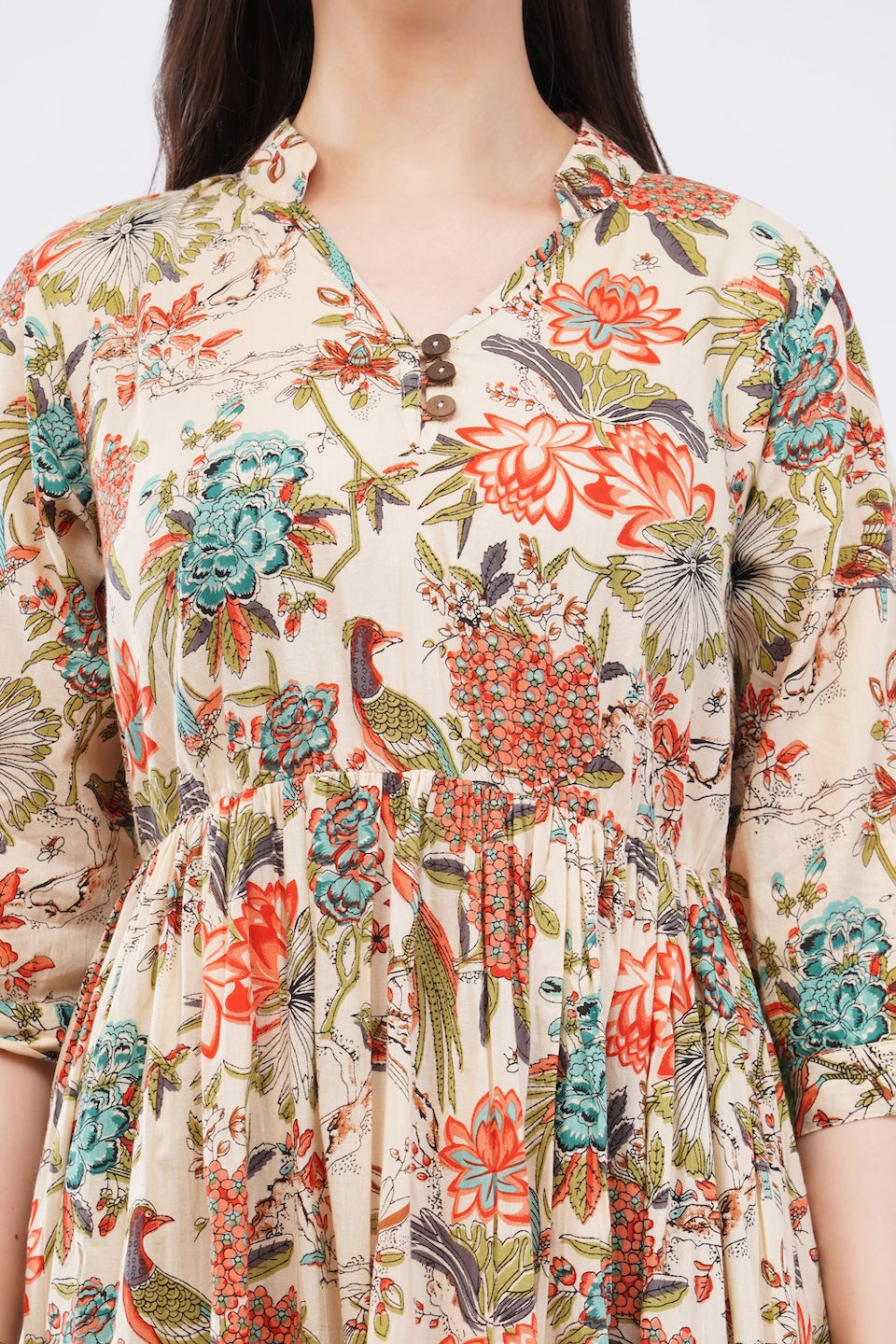 Women Cotton Tropical Floral Printed Tiered V Neck Long Dress