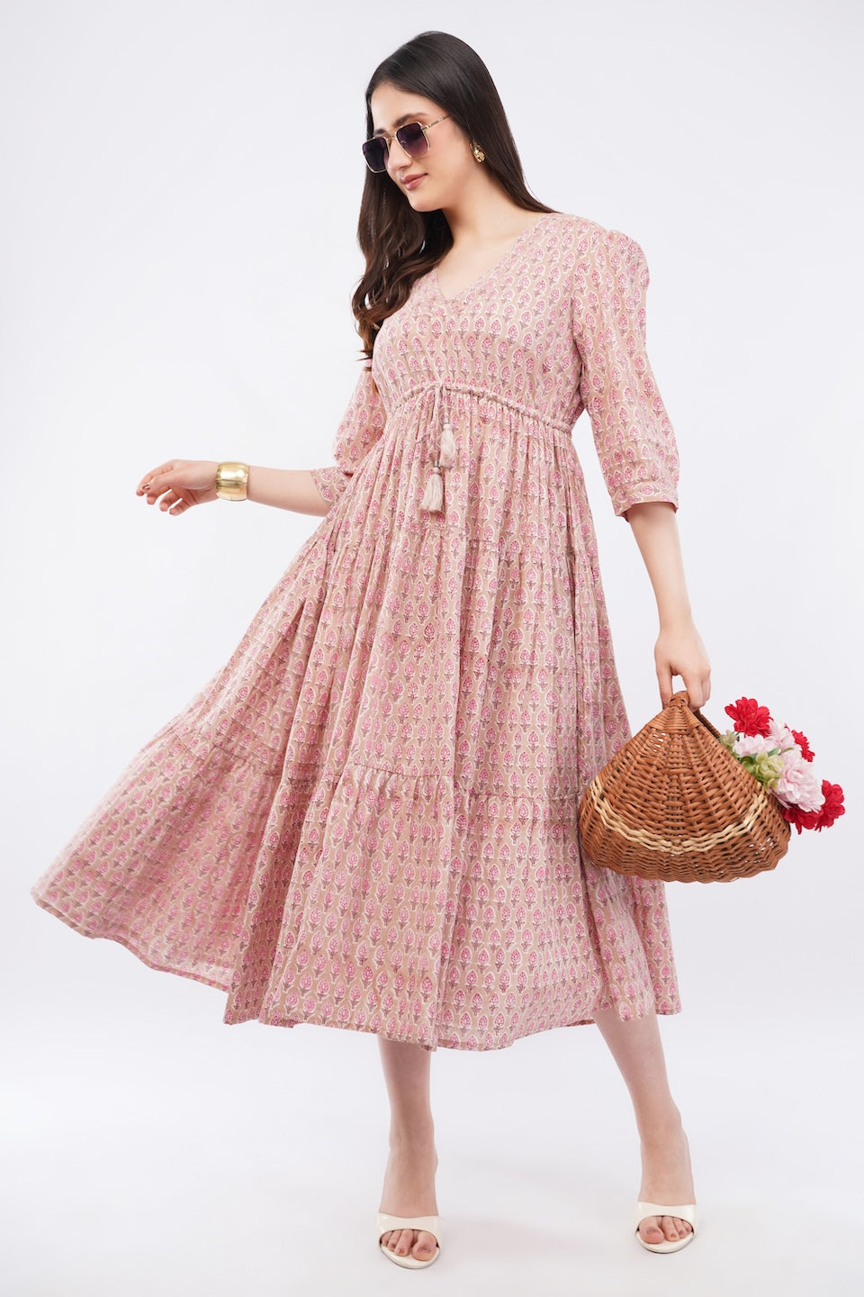 Womens Cotton Pink Floral Printed Tiered V Neck Midi Sumer Boho Dress
