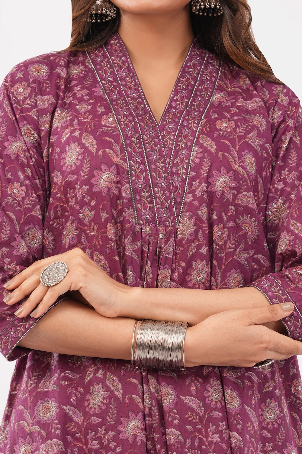 Women Cotton Ethnic Wine Printed Anarkali Style 3 Piece Kurti Palazzo Set With Dupatta