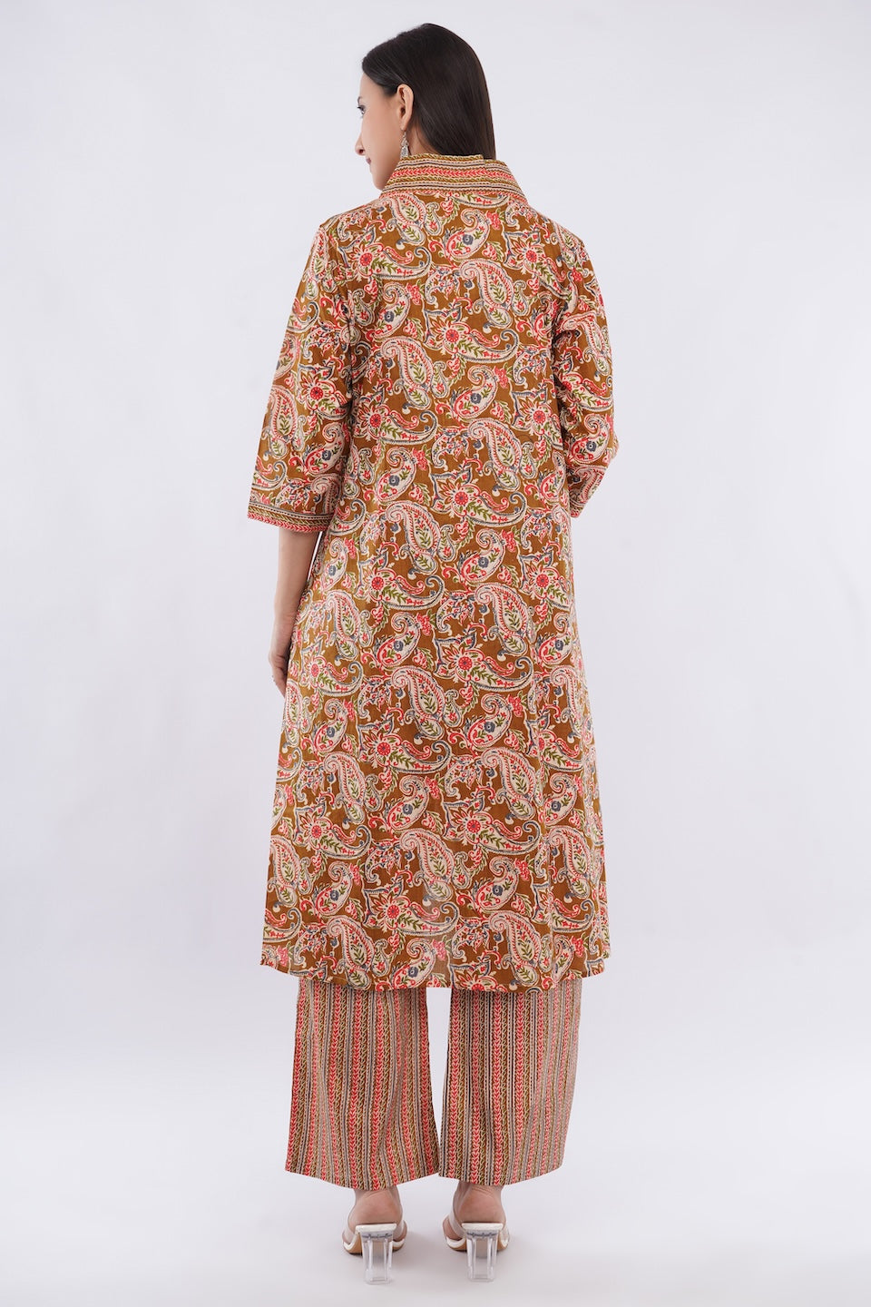 Women Cotton Ethnic Mustard Paisley Anarkali Style 3 Piece Kurti Palazzo Set With Dupatta