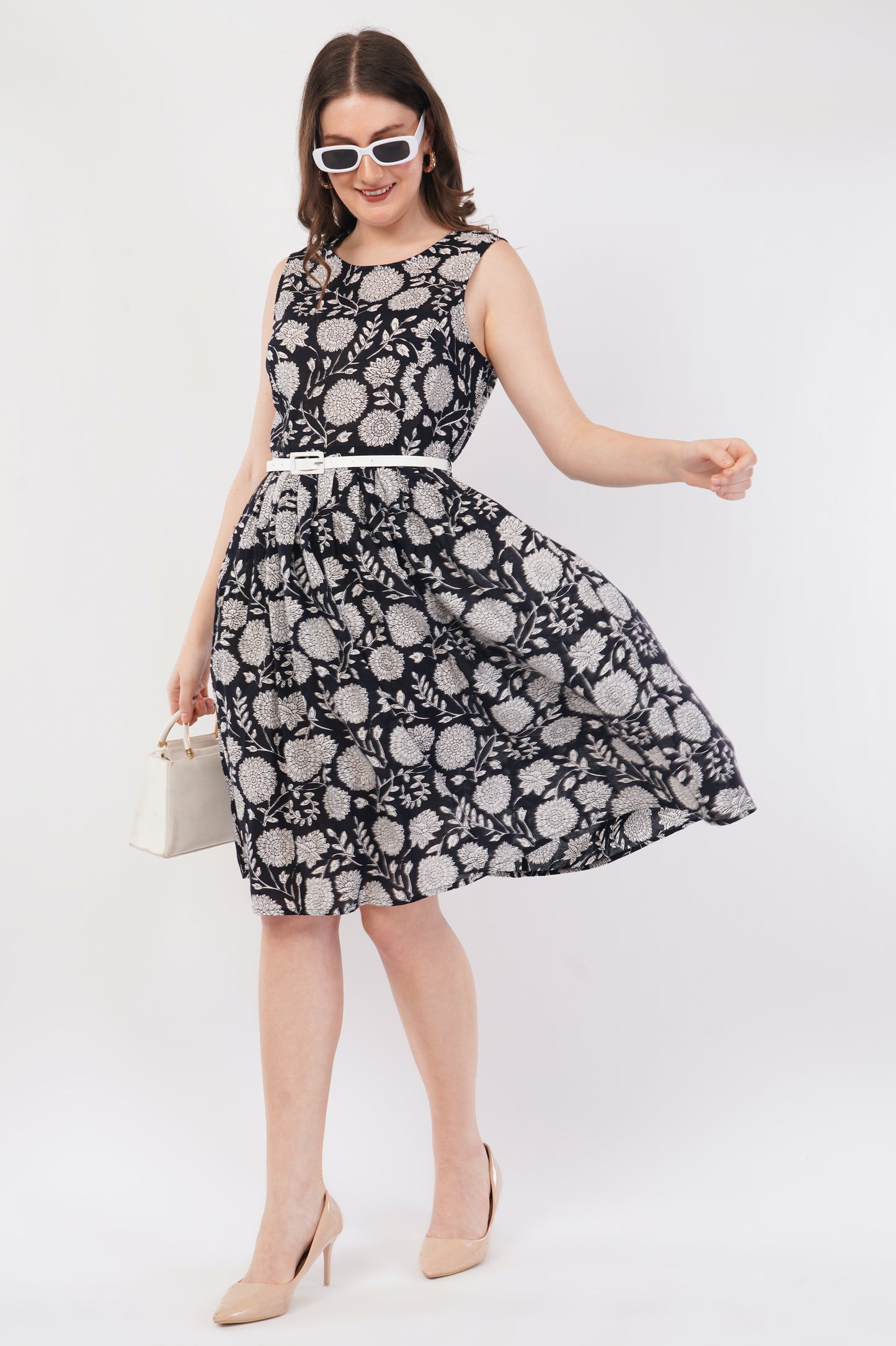Hand Block Printed Cotton Sleeveless Floral Midi Dress – Noir Botanica