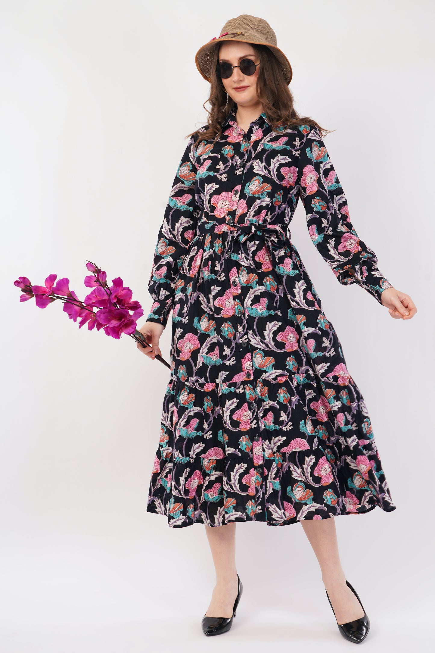 Hand Block Printed Cotton Shirt Dress – Midnight Bloom