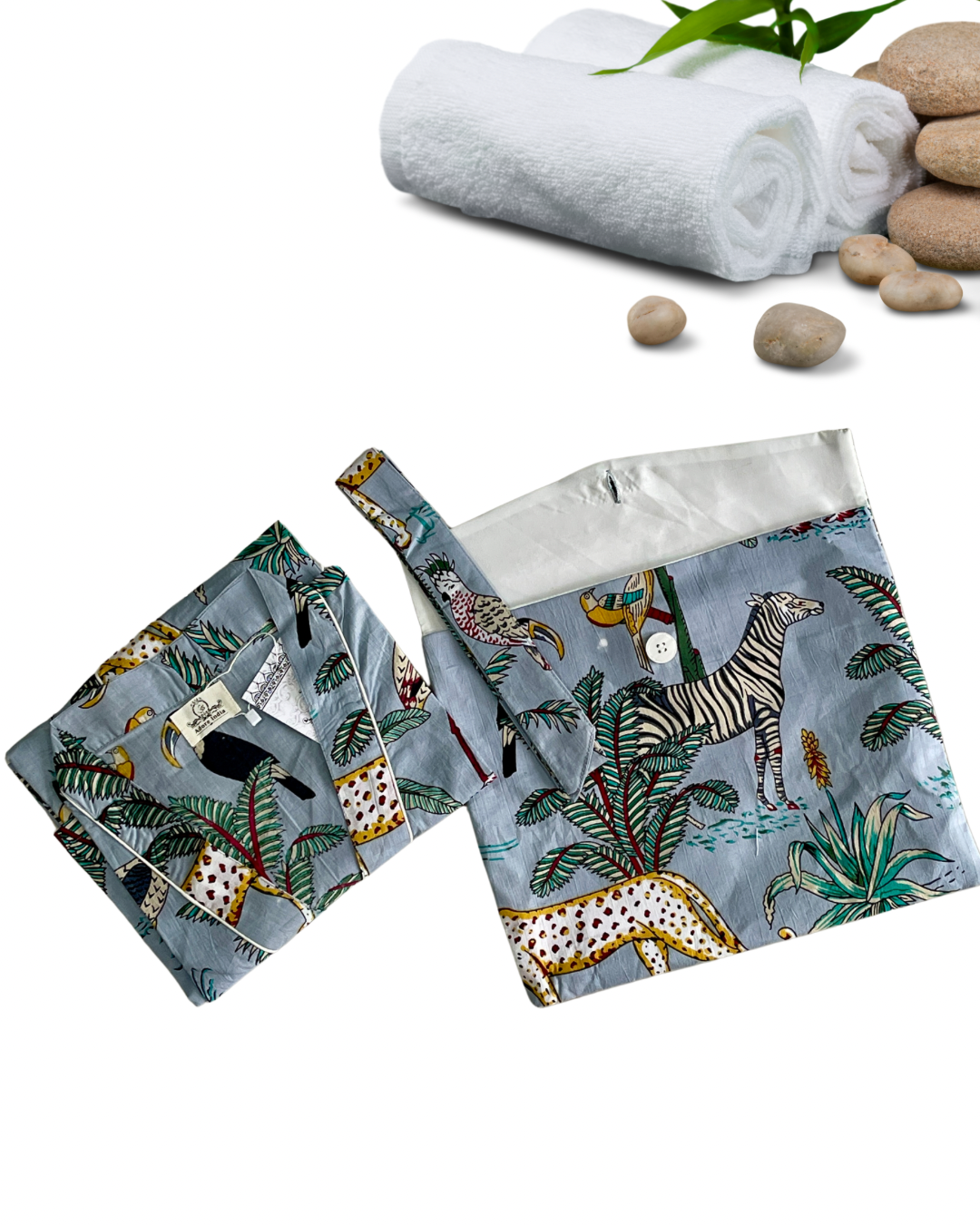 Beautiful Cotton Safari Animal Printed Grey Kimono Kaftan Bathrobe