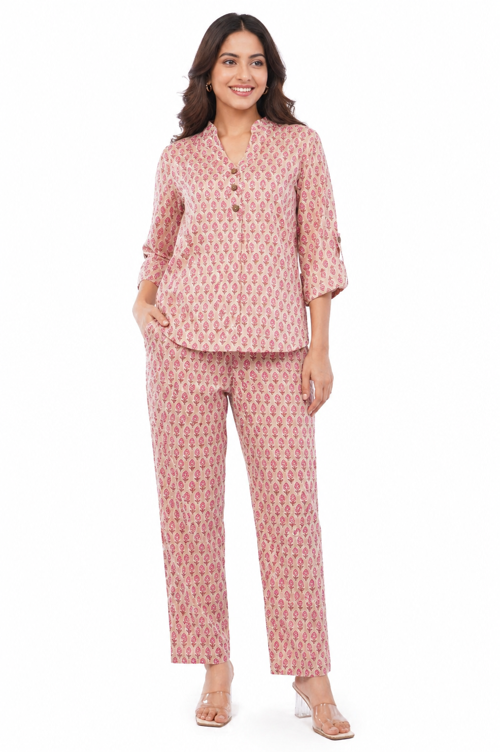Pink Bagru Floral Printed Women Cotton 2 Piece Co-Ord Set