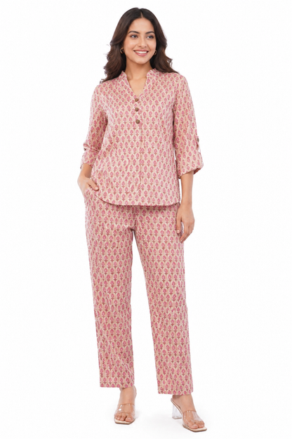 Pink Bagru Floral Printed Women Cotton 2 Piece Co-Ord Set