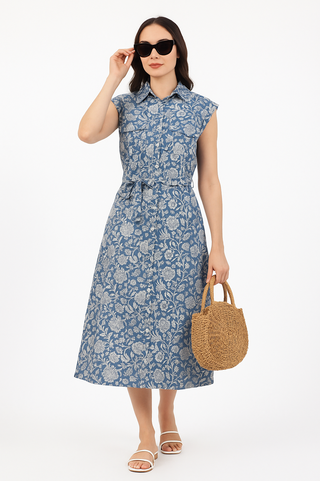 Blue Bell Sleeveless Long Cotton Front Pocket Dress With Belt