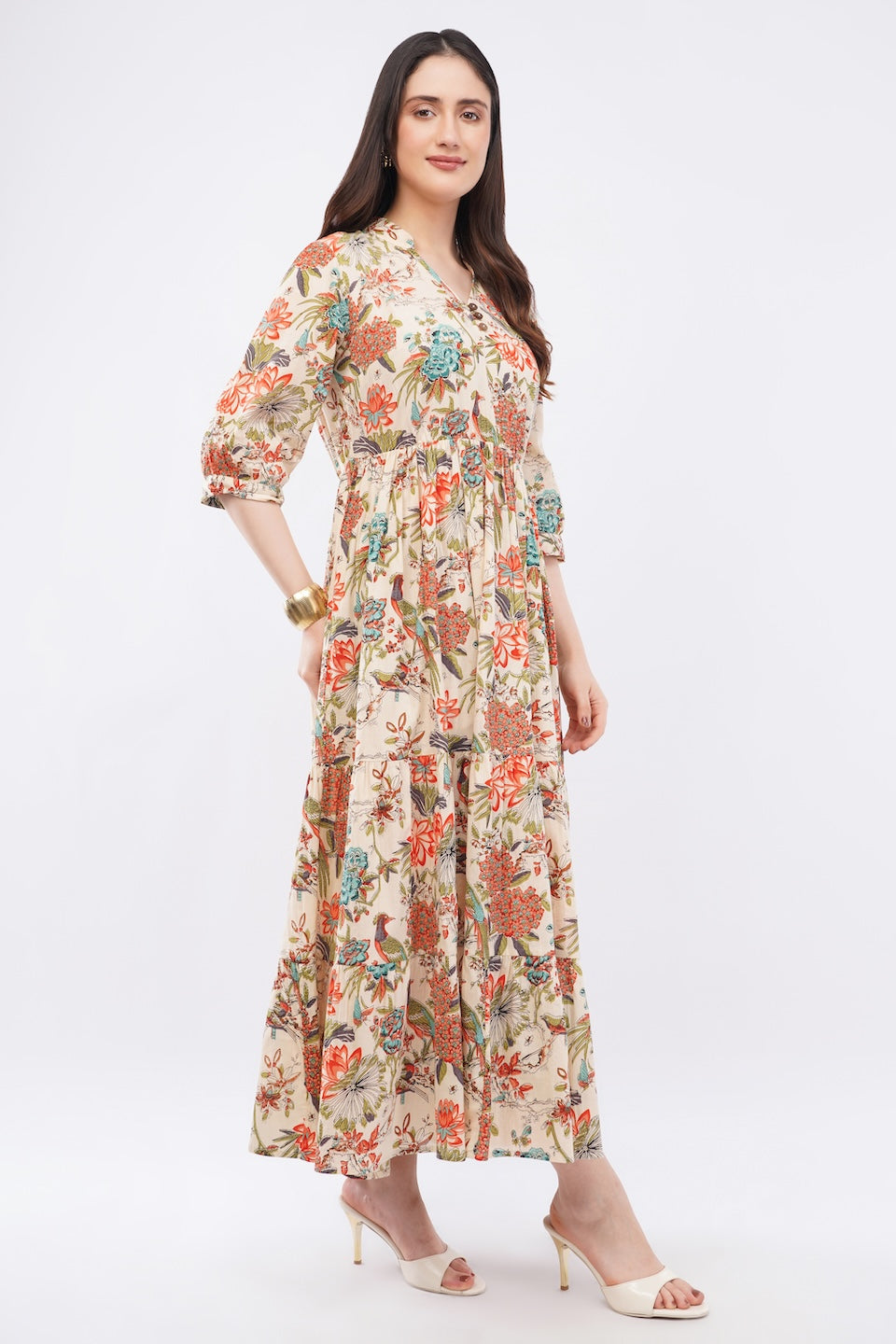 Women Cotton Tropical Floral Printed Tiered V Neck Long Dress