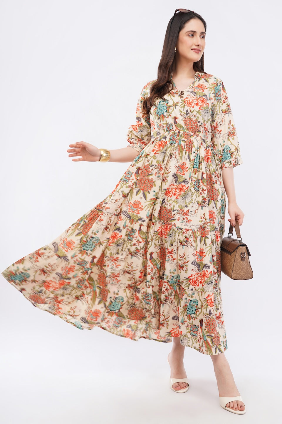 Women Cotton Tropical Floral Printed Tiered V Neck Long Dress