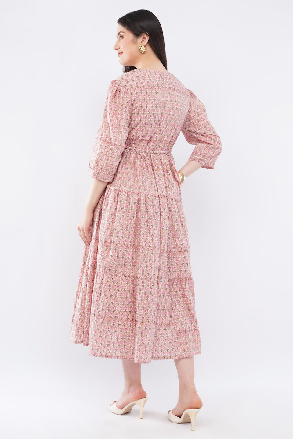 Womens Cotton Pink Floral Printed Tiered V Neck Midi Sumer Boho Dress