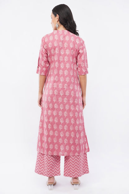 Women’s Pink Ethnic Printed Cotton Kurta Set with Palazzo Pant