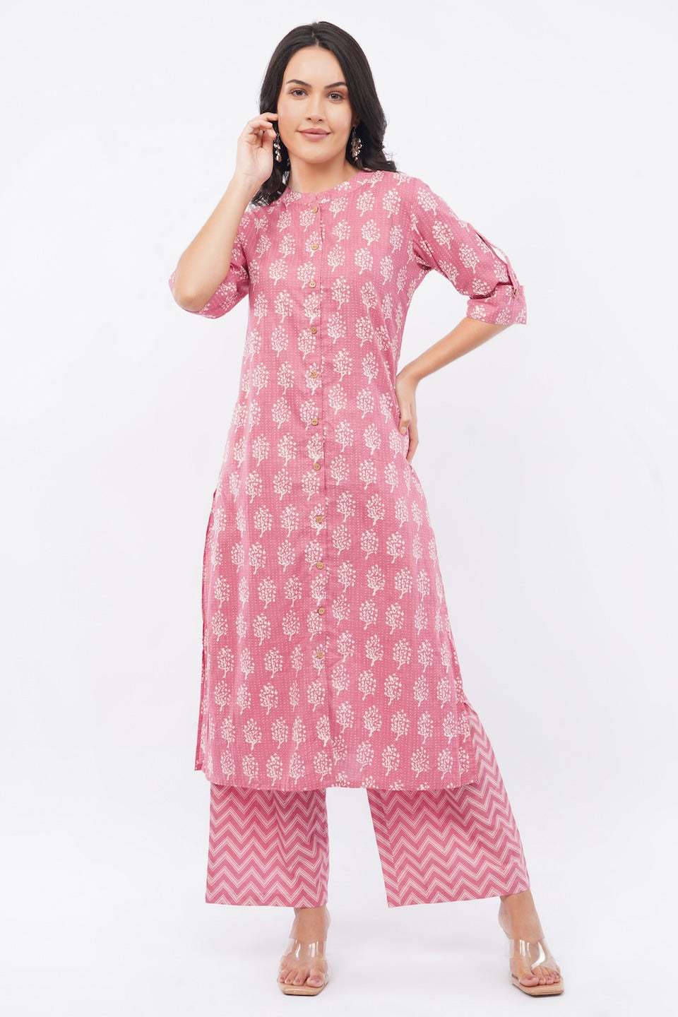 Women’s Pink Ethnic Printed Cotton Kurta Set with Palazzo Pant