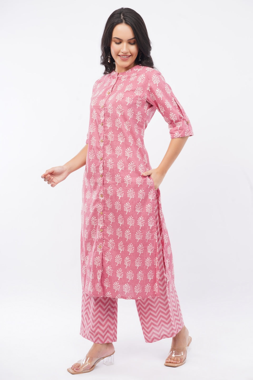 Women’s Pink Ethnic Printed Cotton Kurta Set with Palazzo Pant