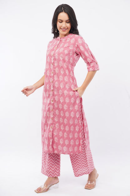 Women’s Pink Ethnic Printed Cotton Kurta Set with Palazzo Pant