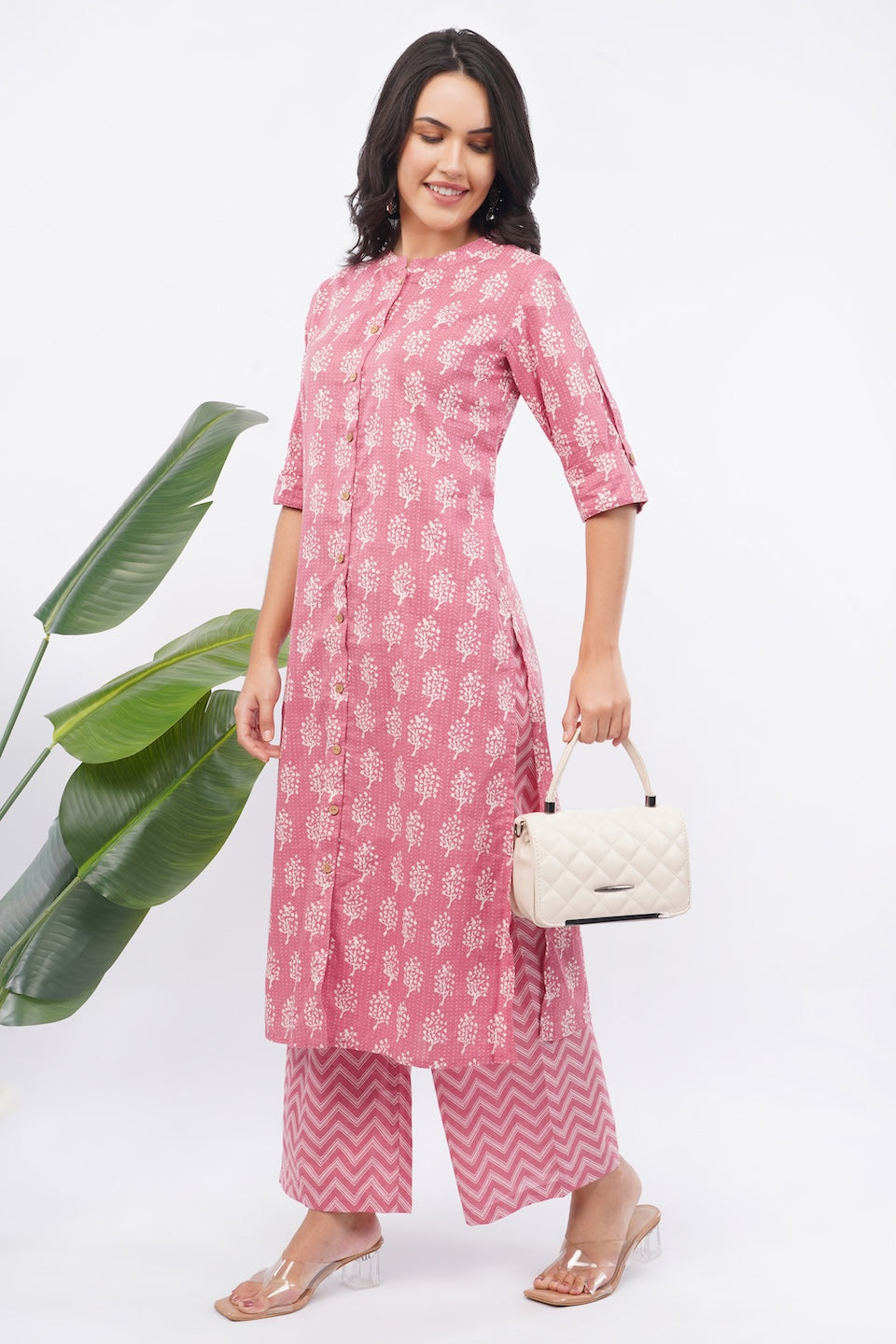 Women’s Pink Ethnic Printed Cotton Kurta Set with Palazzo Pant