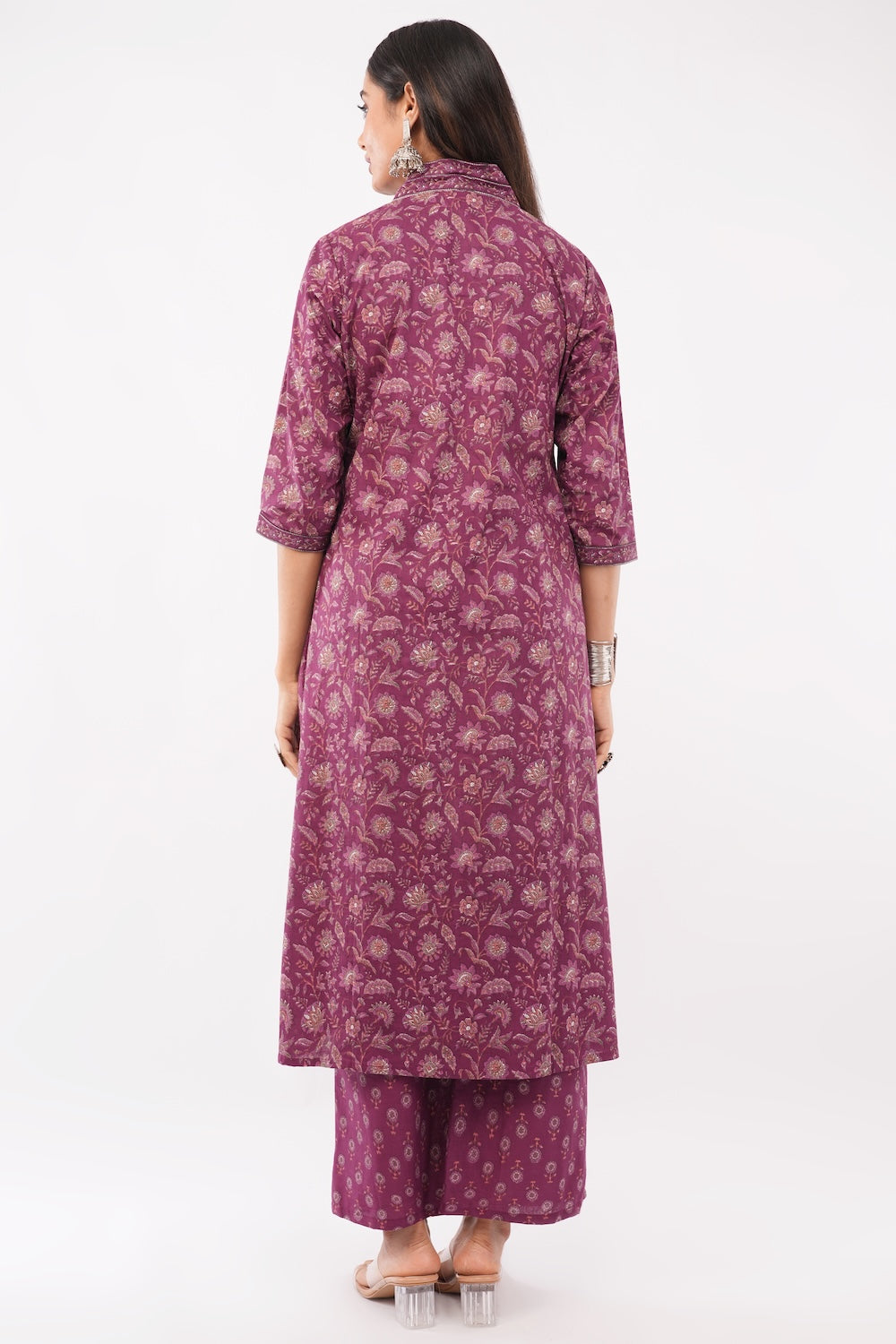 Women Cotton Ethnic Wine Printed Anarkali Style 3 Piece Kurti Palazzo Set With Dupatta