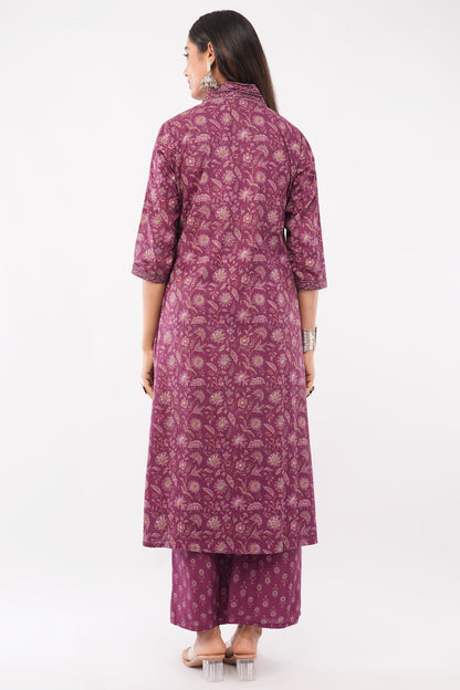 Women Cotton Ethnic Wine Printed Anarkali Style 3 Piece Kurti Palazzo Set With Dupatta