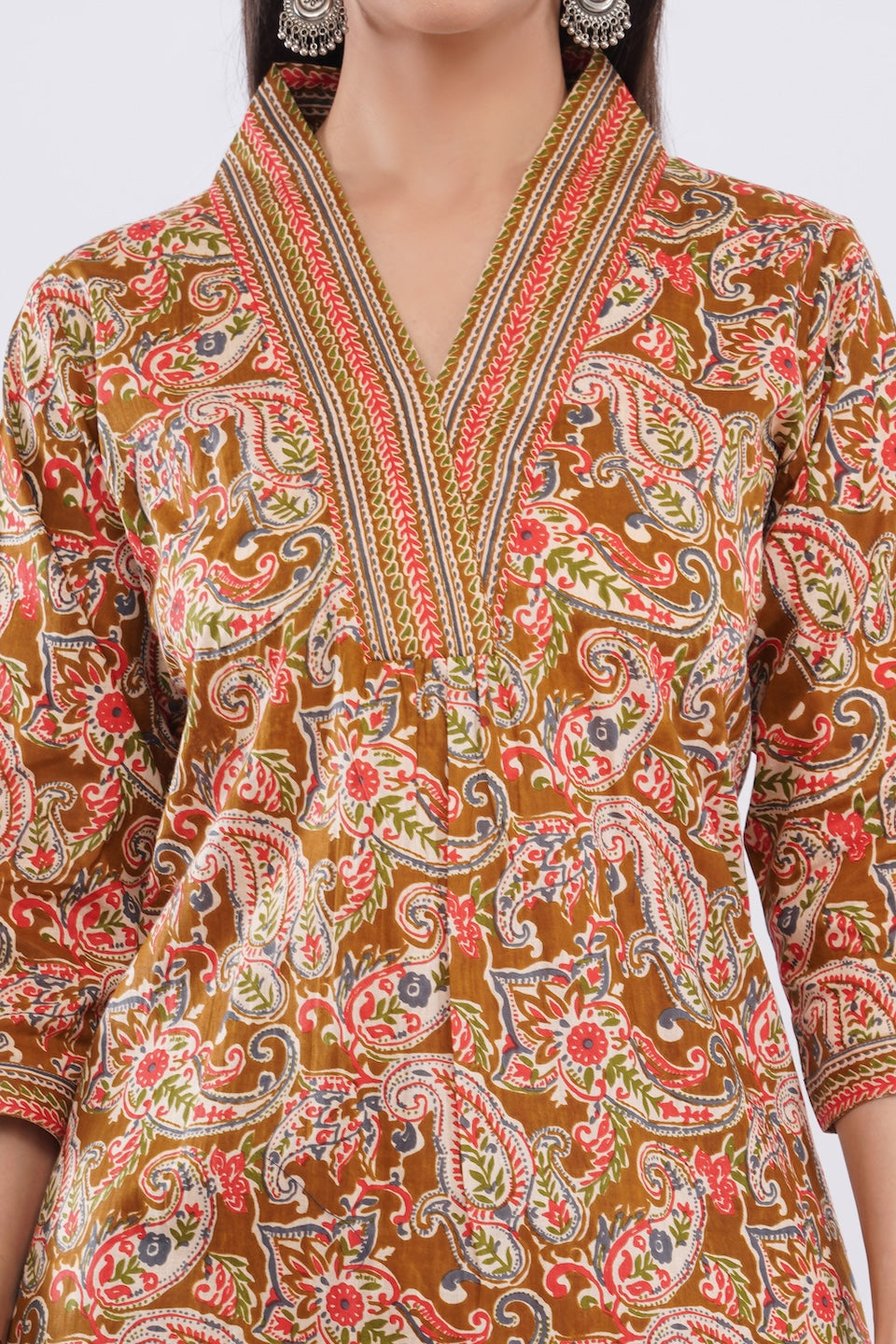 Women Cotton Ethnic Mustard Paisley Anarkali Style 3 Piece Kurti Palazzo Set With Dupatta