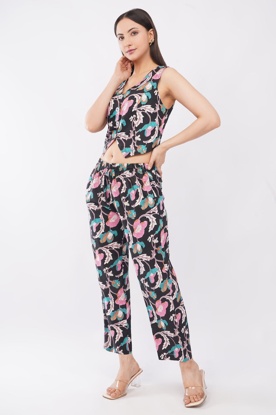 Cotton Midnight Floral Sleeveless Top & Palazzo Summer Casual Co-Ord Set