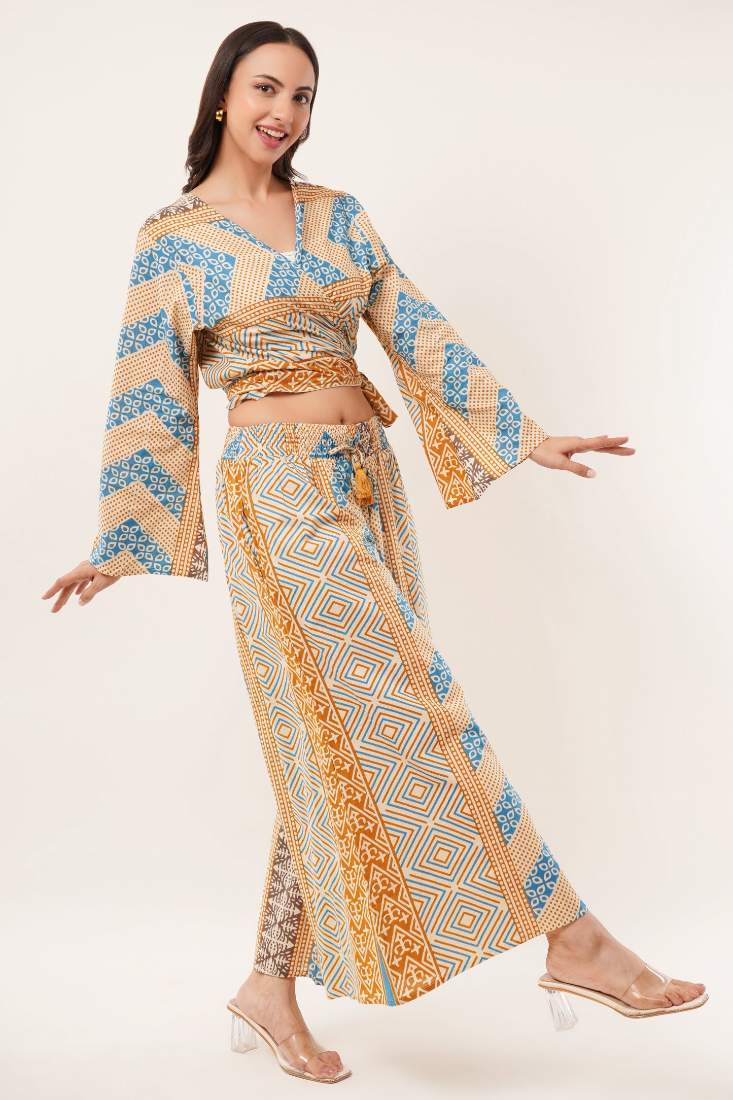 Cotton Mustard Printed Tie Top Plazzo 2 Piece Matching Co-Ord Set