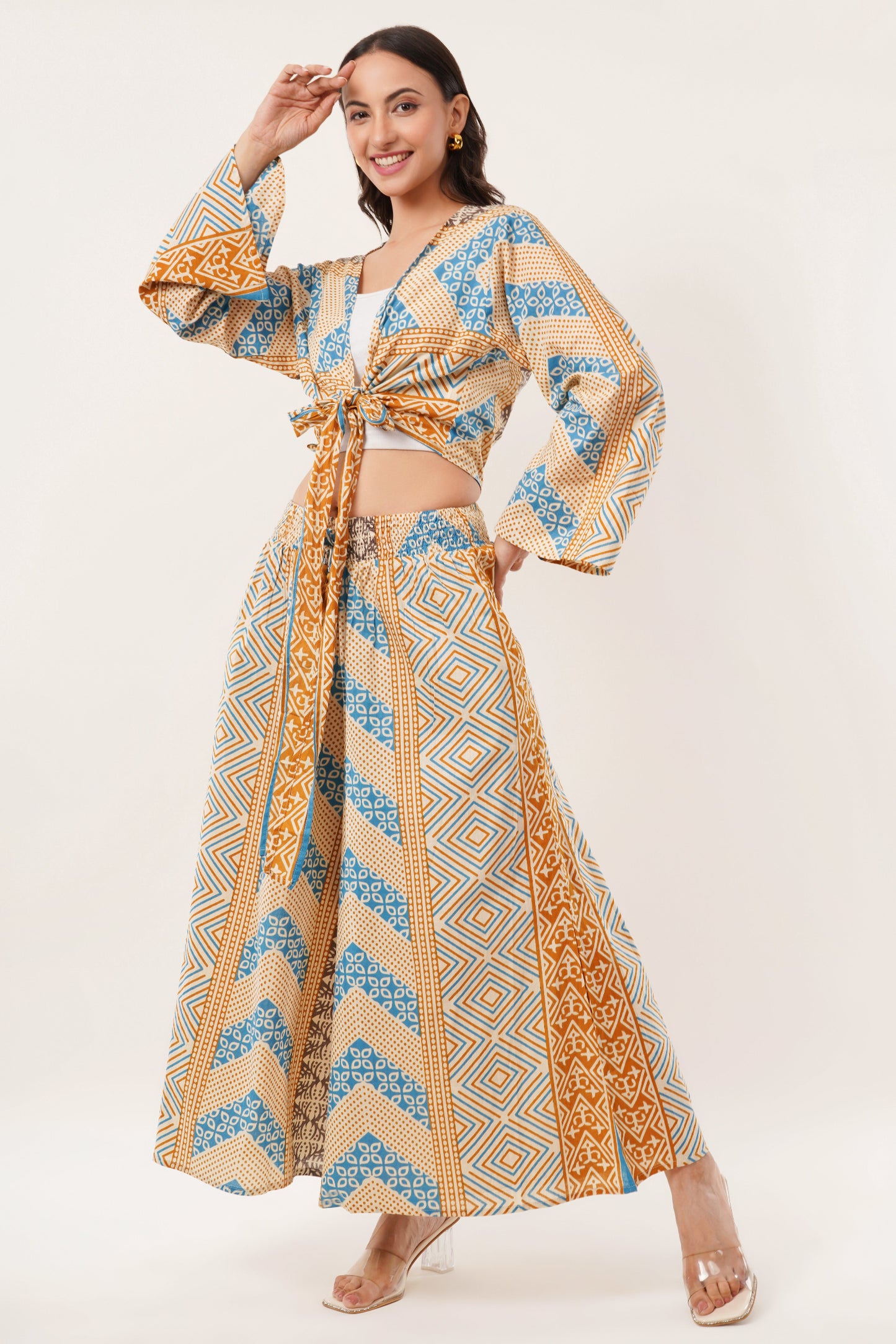 Cotton Mustard Printed Tie Top Plazzo 2 Piece Matching Co-Ord Set