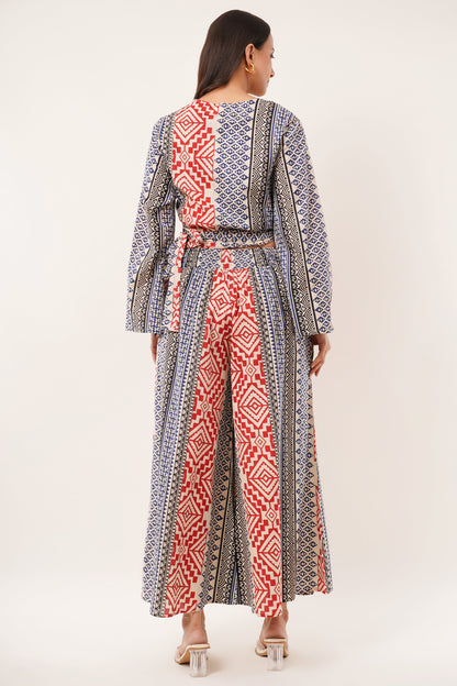 Cotton Rust Blue Printed Tie Top Plazzo 2 Piece Matching Co-Ord Set
