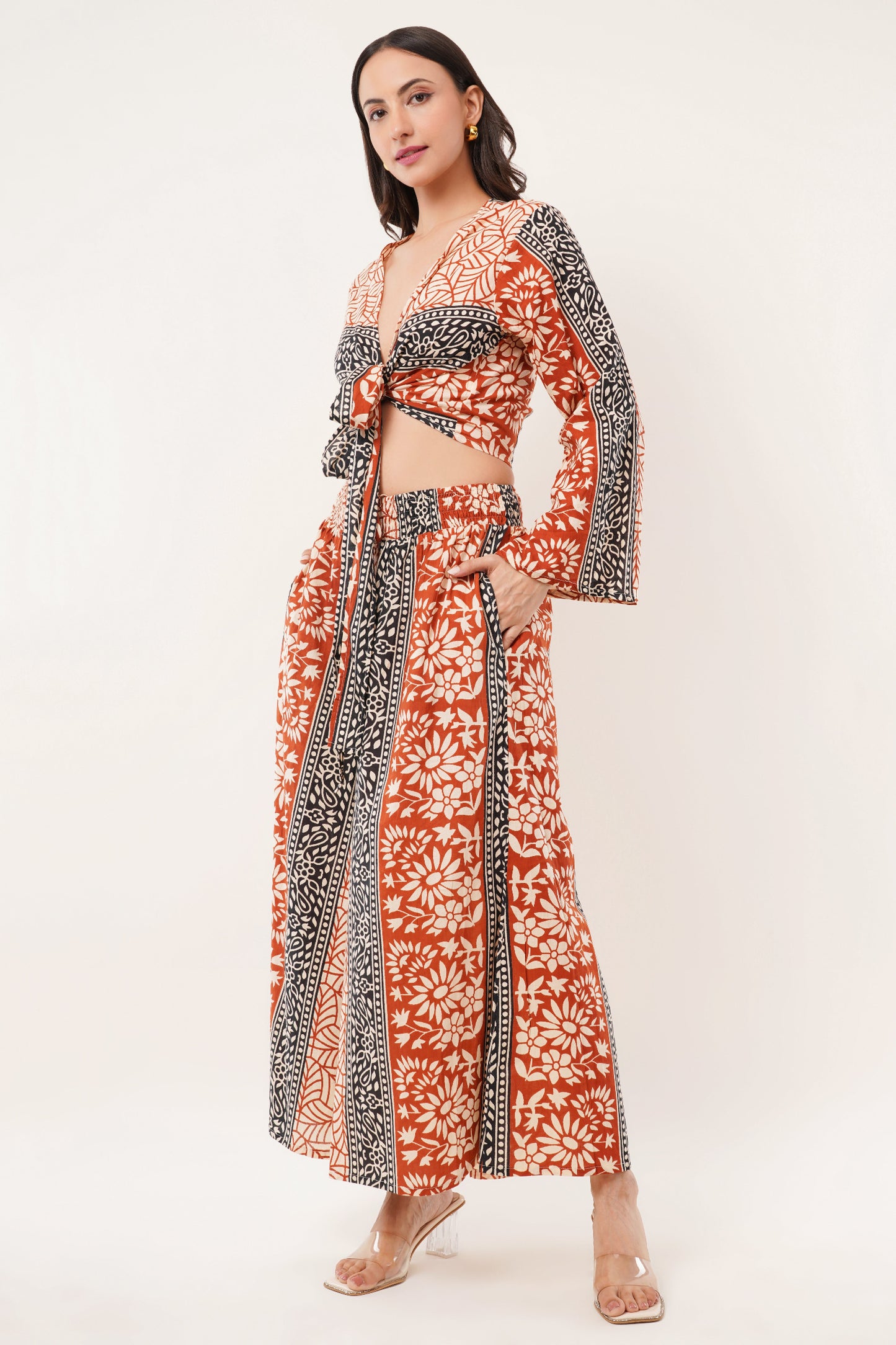 Cotton Rust Black Printed Tie Top Plazzo 2 Piece Matching Co-Ord Set