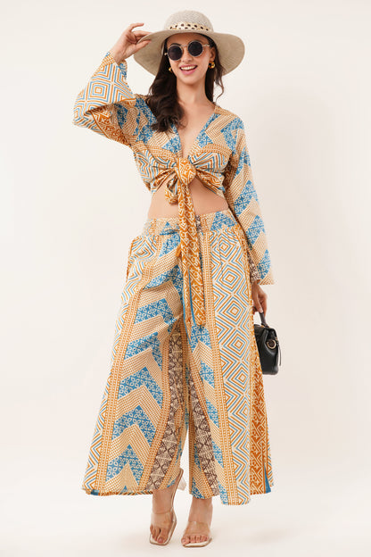 Cotton Mustard Printed Tie Top Plazzo 2 Piece Matching Co-Ord Set