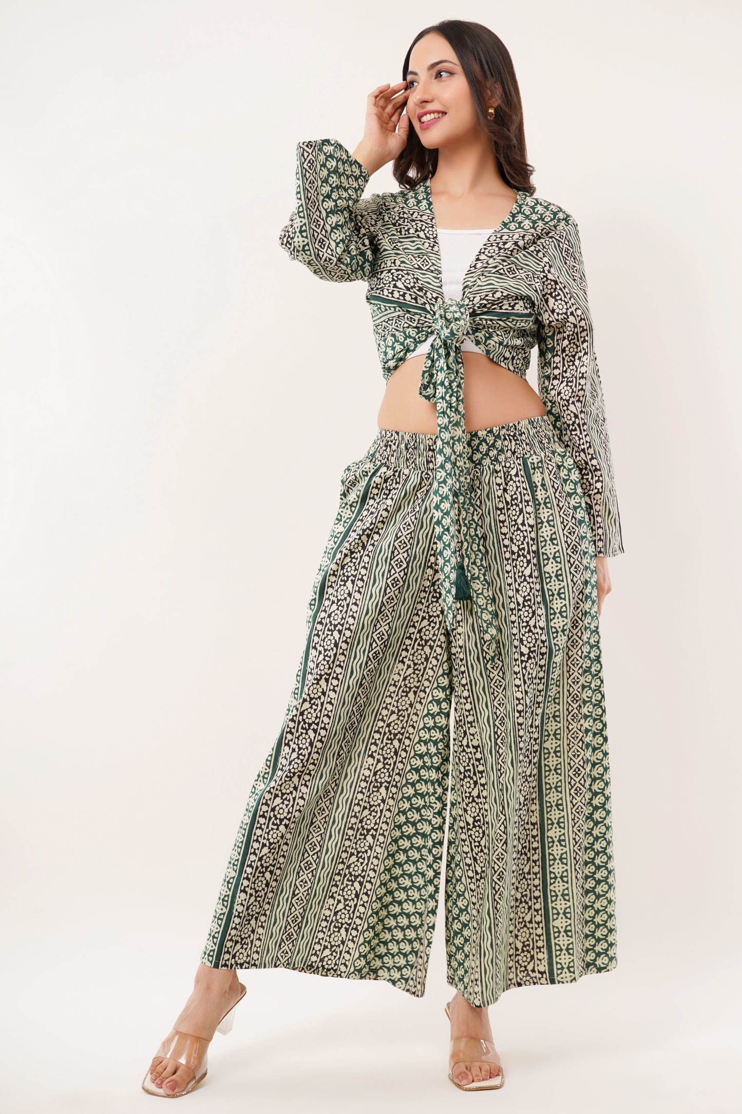 Cotton Olive Printed Tie Top Plazzo 2 Piece Matching Co-Ord Set