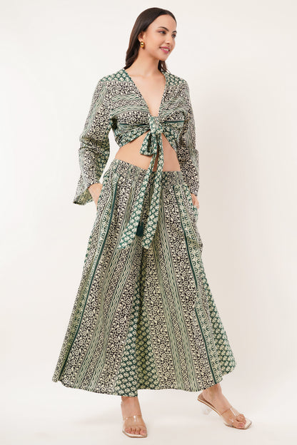 Cotton Olive Printed Tie Top Plazzo 2 Piece Matching Co-Ord Set