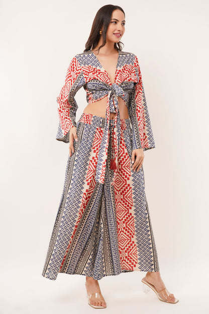 Cotton Rust Blue Printed Tie Top Plazzo 2 Piece Matching Co-Ord Set