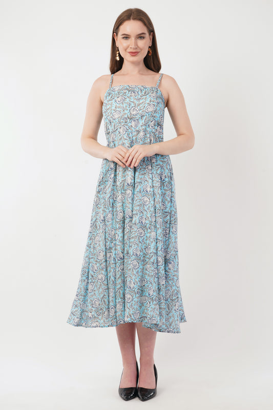 Hand Block Printed Long Cotton Maxi Strap Dress – Coastal Bloom