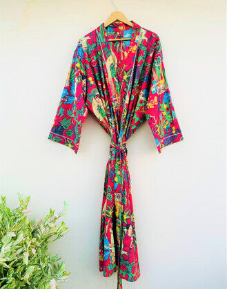 Cotton Printed Red Kahlo Kimono Kaftan Bathrobe