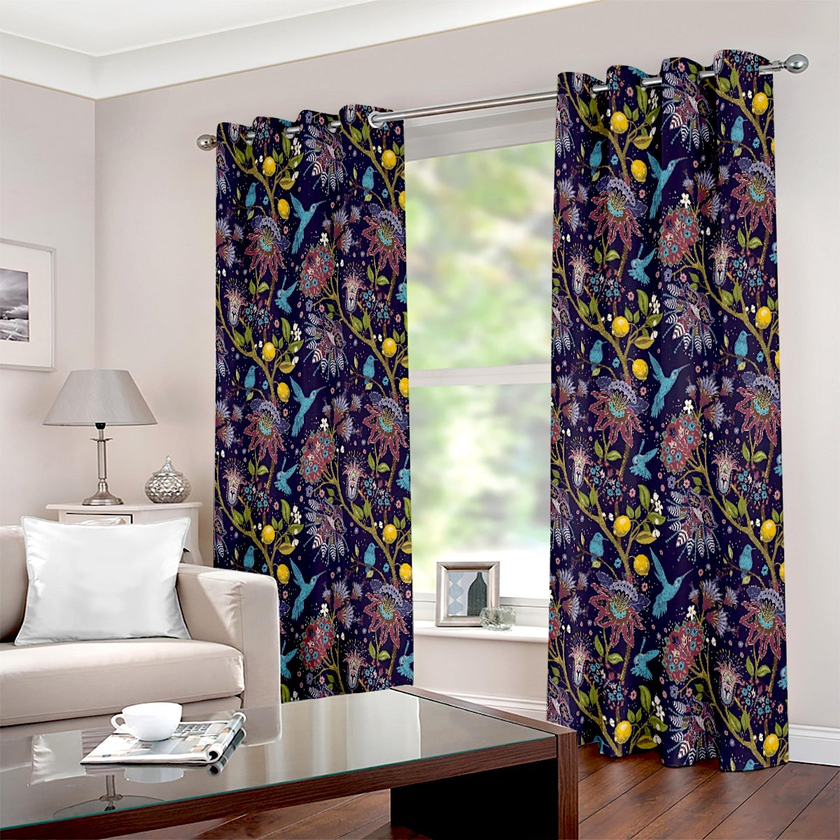 Fantasy Bird and Lemon Tree Printed Eyelet Curtain - Adore India   