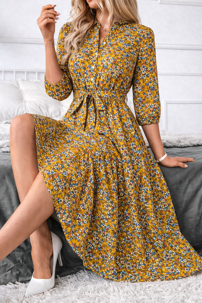 Women Cotton Mustard Floral Midi Dress | Casual A-Line Summer Dress