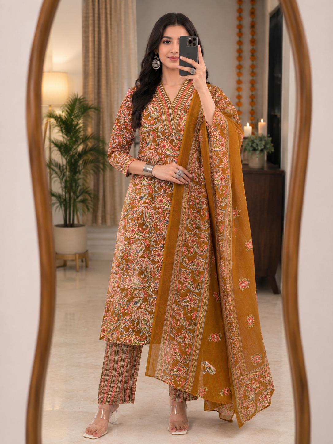Women Cotton Ethnic Mustard Paisley Anarkali Style 3 Piece Kurti Palazzo Set With Dupatta