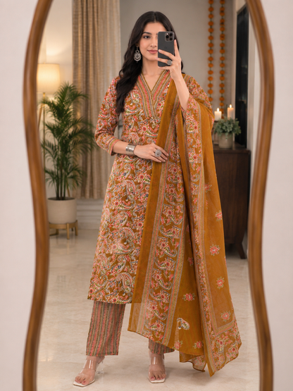 Women Cotton Ethnic Mustard Paisley Anarkali Style 3 Piece Kurti Palazzo Set With Dupatta