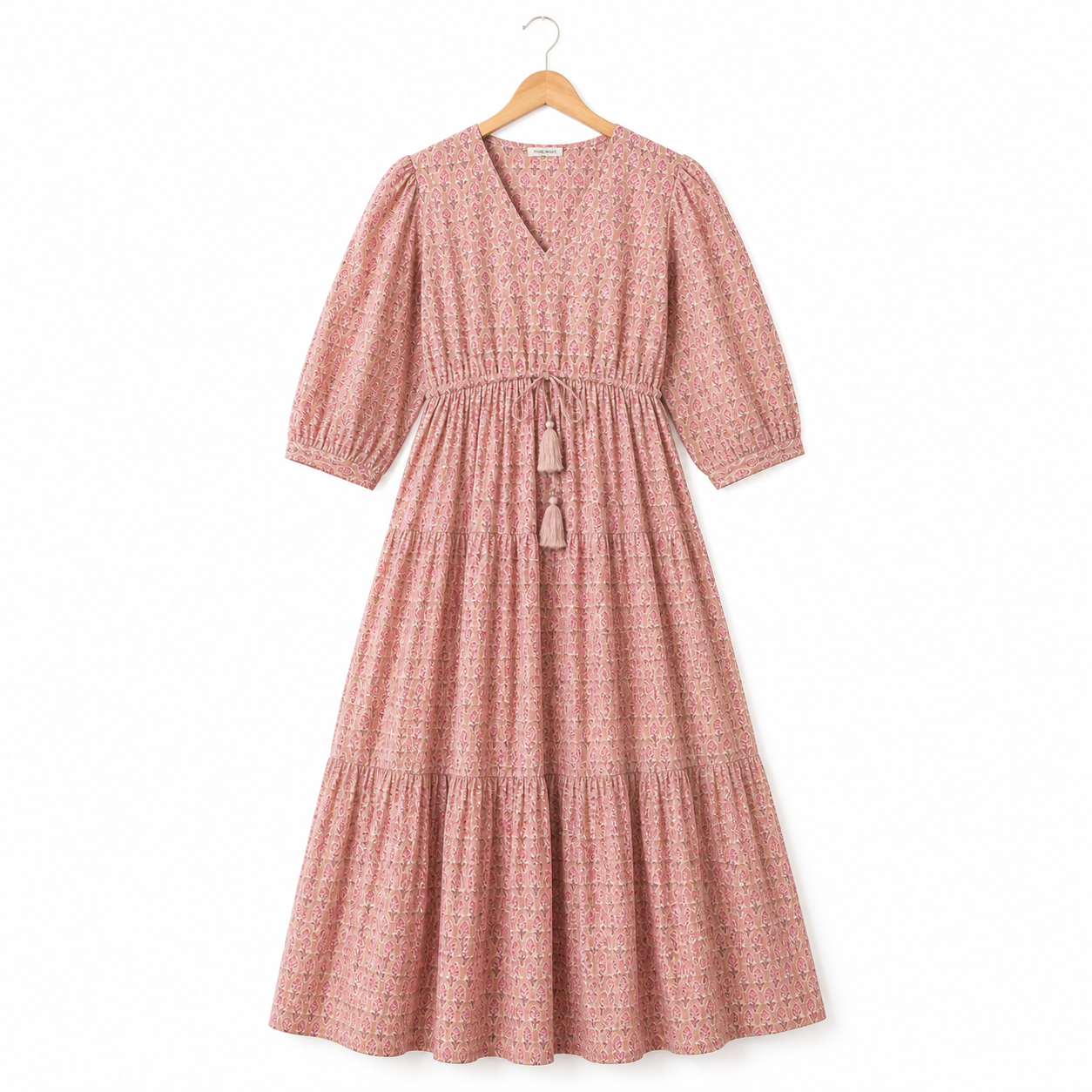 Womens Cotton Pink Floral Printed Tiered V Neck Midi Sumer Boho Dress