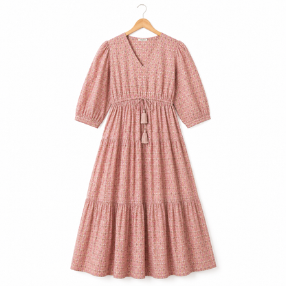 Womens Cotton Pink Floral Printed Tiered V Neck Midi Sumer Boho Dress