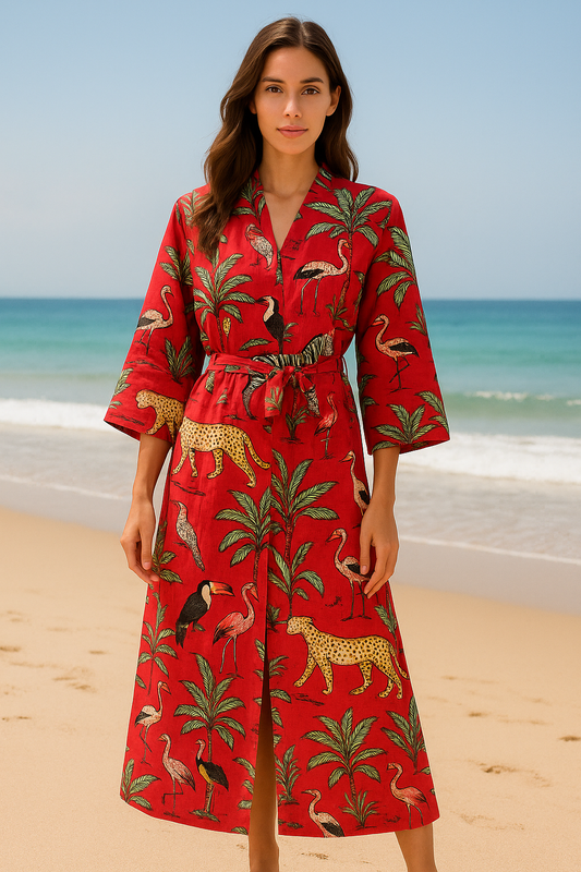 Cotton Safari Animal Printed Red Kimono Kaftan Bathrobe