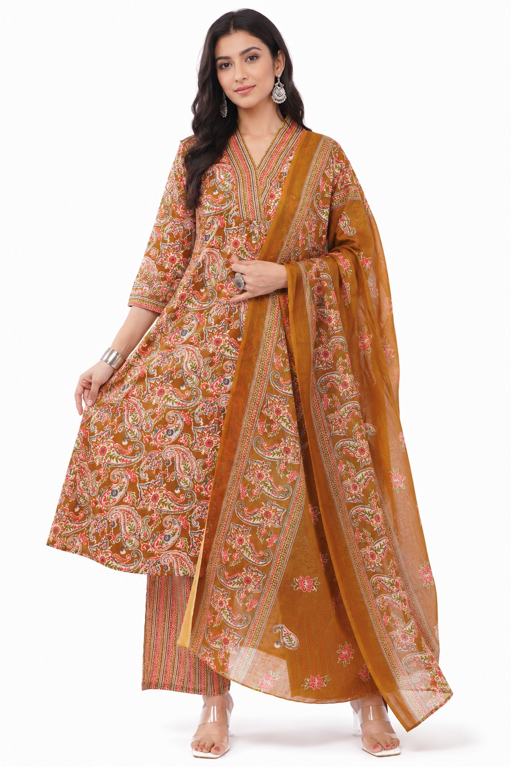 Women Cotton Ethnic Mustard Paisley Anarkali Style 3 Piece Kurti Palazzo Set With Dupatta