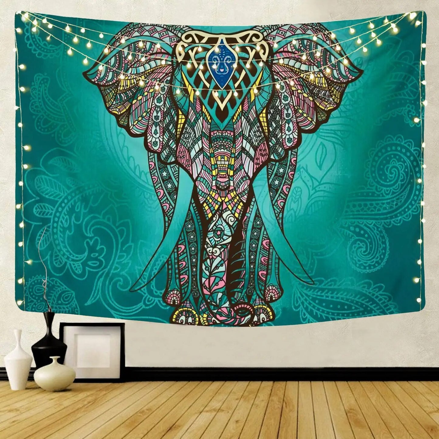 Indian Mandala Tapestry Psychedelic Elephant Turquoise Wall Hanging Boho Decor - Adore India   