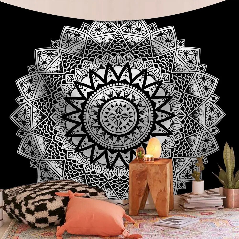Indian Mandala Tapestry Black and White Star Psychedelic Wall Hanging Boho Decor - Adore India   