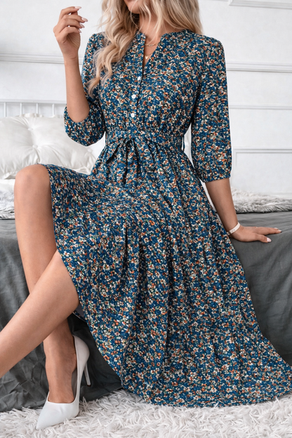 Women Cotton Teal Floral Midi Dress | Casual A-Line Summer Dress