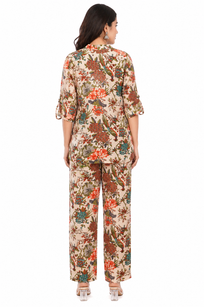 Tropical Beige Floral Printed Women Cotton 2 Piece Co-Ord Set