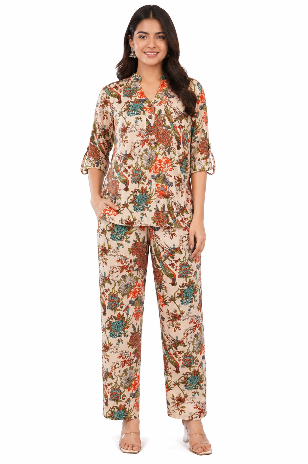 Tropical Beige Floral Printed Women Cotton 2 Piece Co-Ord Set
