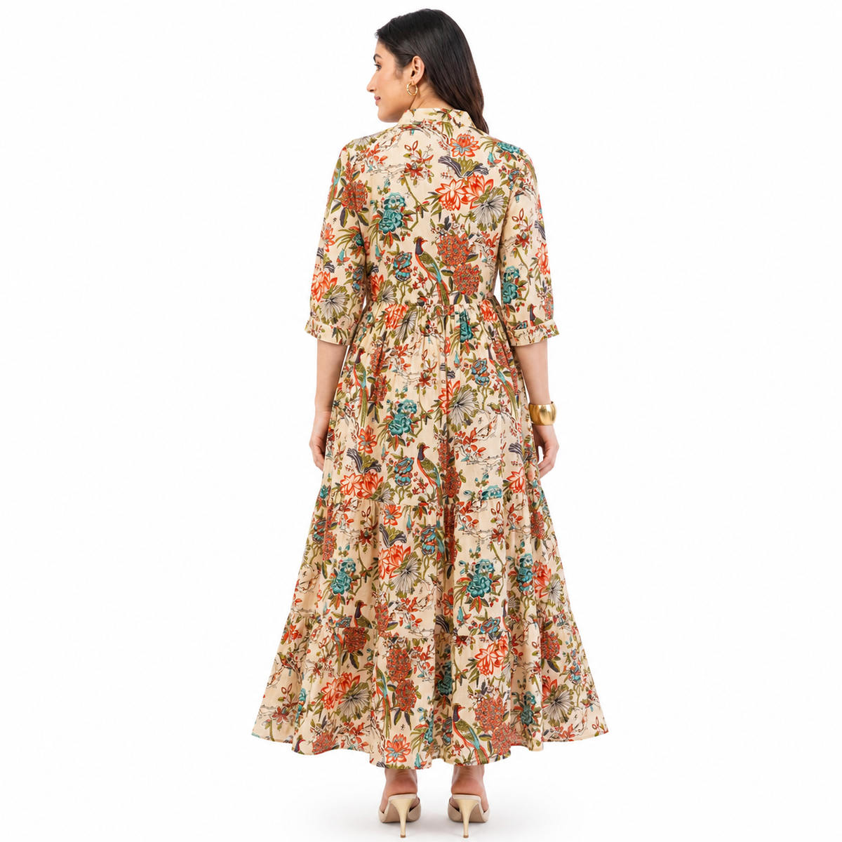 Women Cotton Tropical Floral Printed Tiered V Neck Long Dress