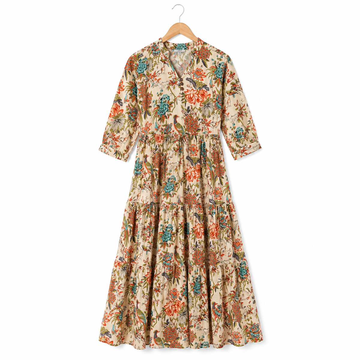 Women Cotton Tropical Floral Printed Tiered V Neck Long Dress