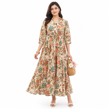 Women Cotton Tropical Floral Printed Tiered V Neck Long Dress