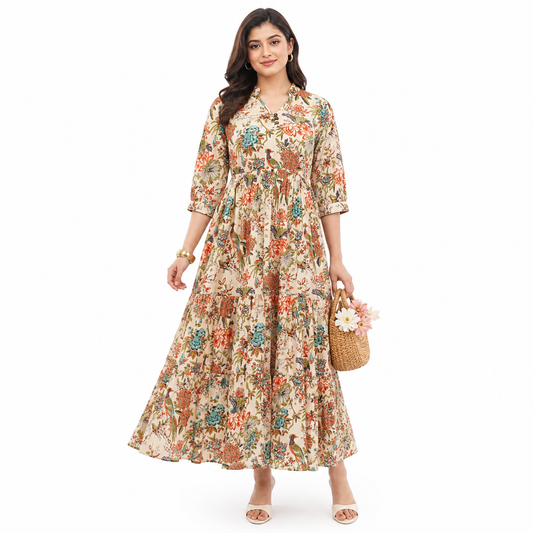 Women Cotton Tropical Floral Printed Tiered V Neck Long Dress
