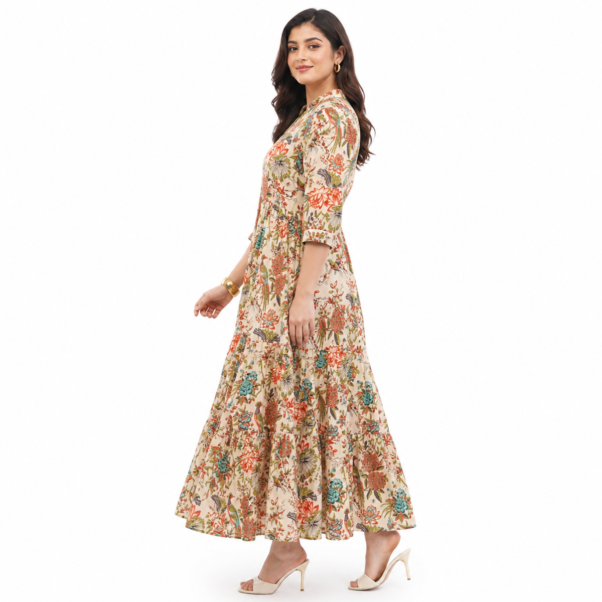 Women Cotton Tropical Floral Printed Tiered V Neck Long Dress